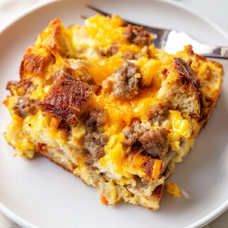 Golden-brown Sausage and Cheese Breakfast Casserole, featuring melty cheese and savory flavors.