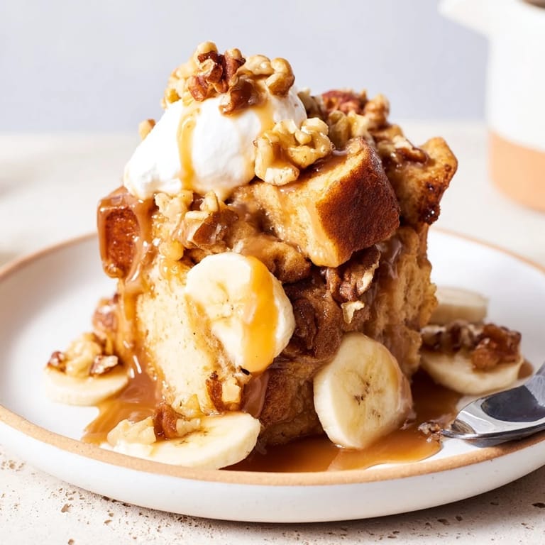 Golden brown banana bread pudding soaked in luscious butterscotch custard, ready to serve.  