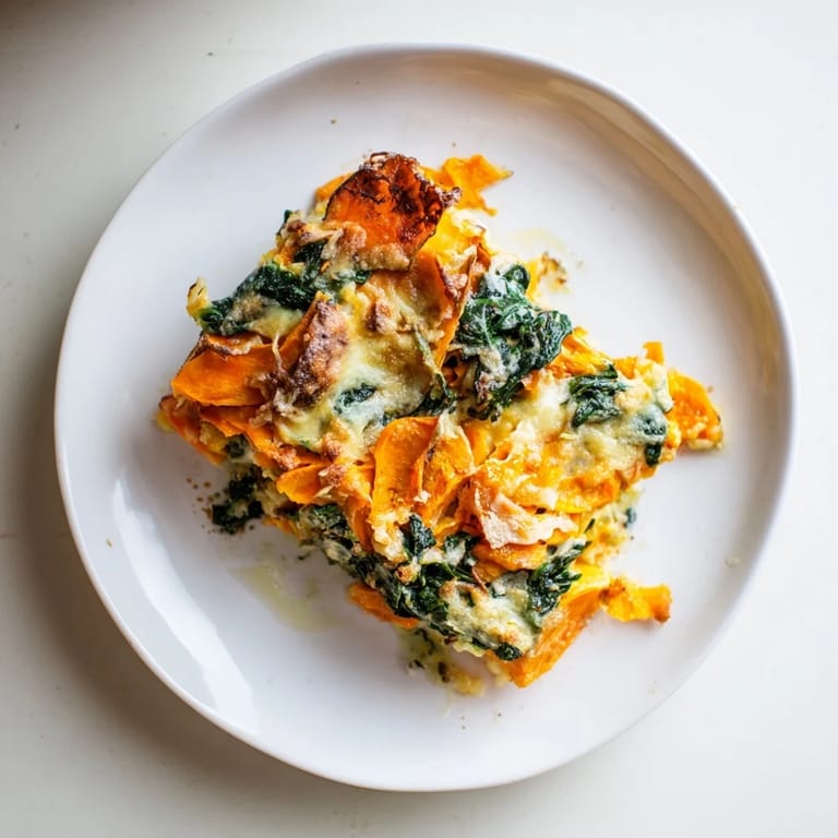 Delicious sweet potato and spinach gratin baked to perfection and ready to serve.