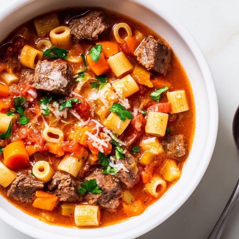 Comforting Beefy Tomato Pasta Stew served in a rustic bowl, perfect for family meals.