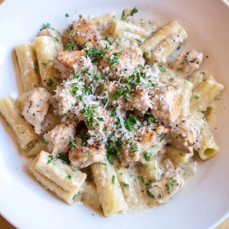This delicious Creamy Garlic Parmesan Chicken Rigatoni features perfectly cooked pasta in a luscious, creamy sauce.