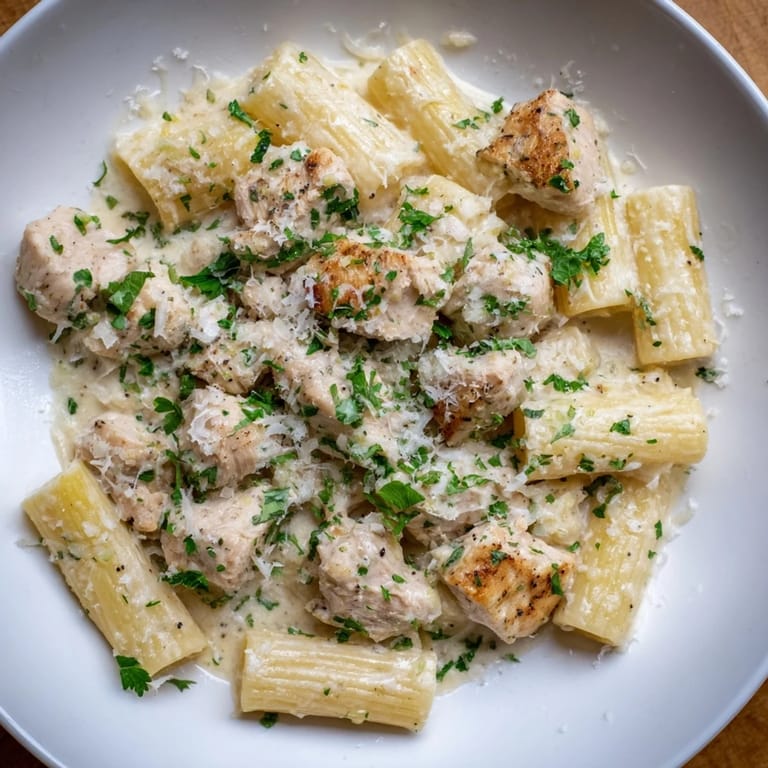Imagine the aroma: sizzling garlic and tender chicken in this tempting Creamy Garlic Parmesan Rigatoni.