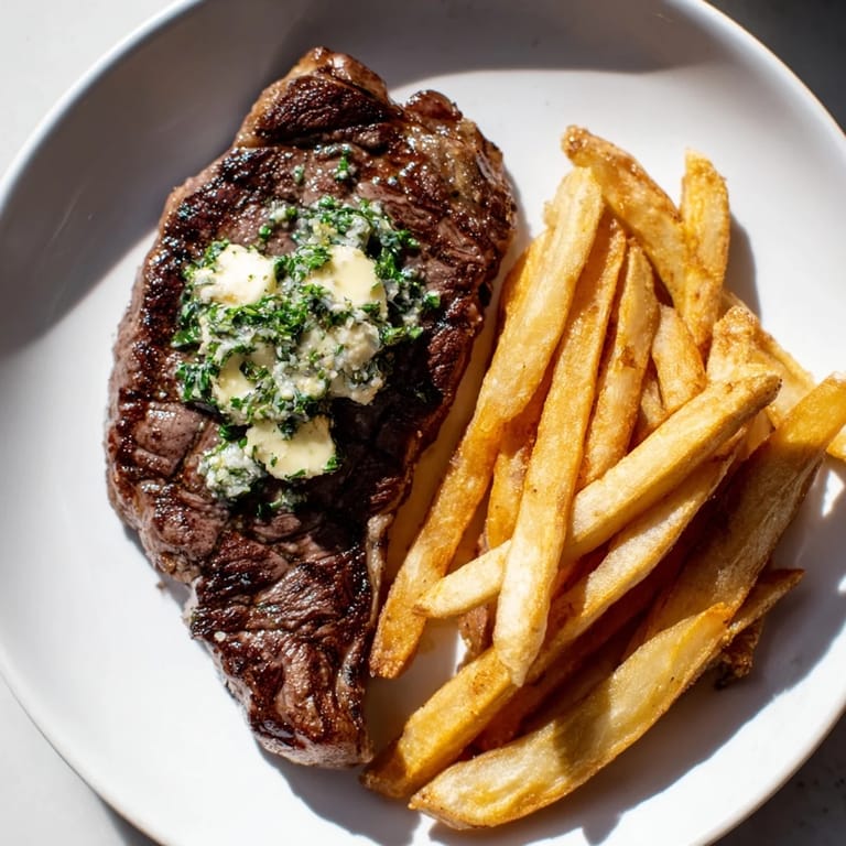 Close-up of a flavorful Steakhouse Garlic Butter Steak, sizzling and delicious, served with fries.
