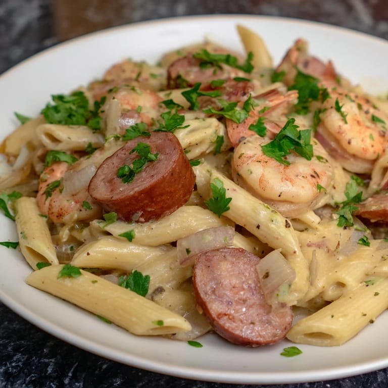 One-pan Cajun Sausage & Shrimp Alfredo Pasta Skillet with tender shrimp, and a spicy, cheesy sauce, delicious.