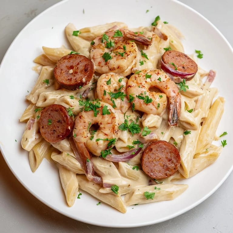 Bowl of the savory Cajun Sausage & Shrimp Alfredo Pasta Skillet with a sprinkle of fresh parsley on top.