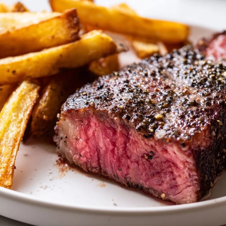 A close-up of a juicy Classic Peppercorn Ribeye with peppercorns, alongside a pile of fresh, hot fries.