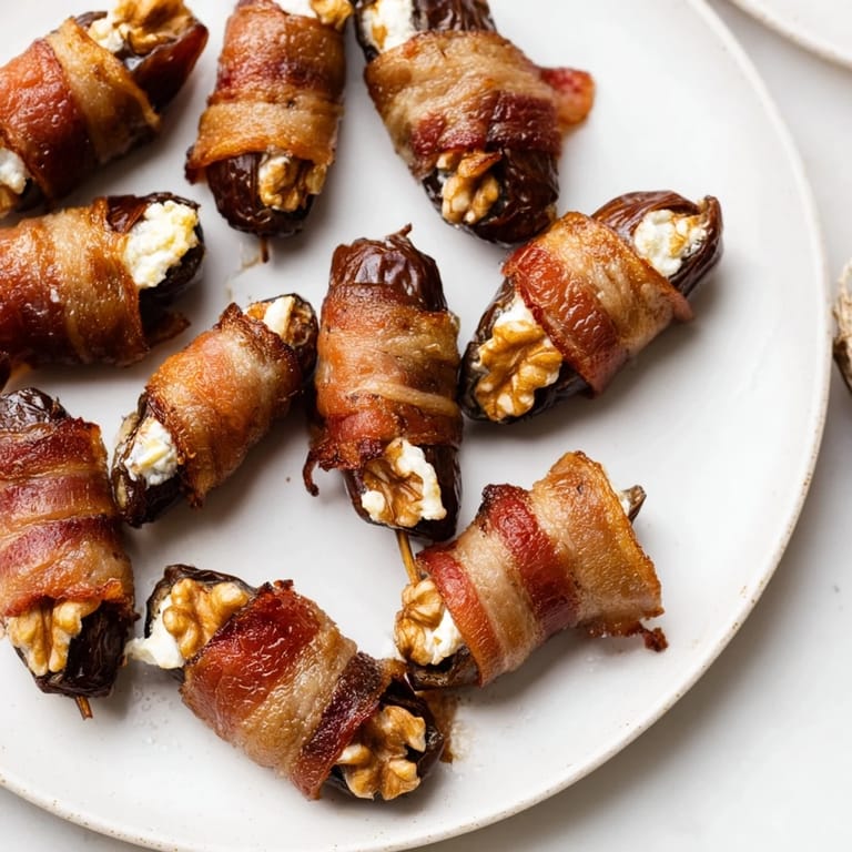 Shiny, bacon-wrapped dates reveal creamy cream cheese and walnut centers, ready to eat.
