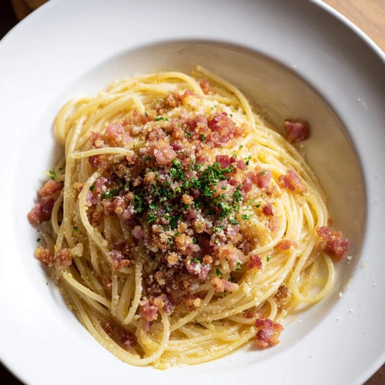 Golden, crispy bacon tops this Garlic Butter Pasta, perfect for a cozy weeknight meal.