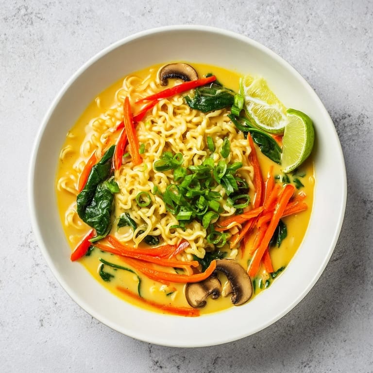 Fragrant Curry Coconut Ramen with colorful vegetables, a comforting vegetarian Asian-fusion dish, ready to eat.