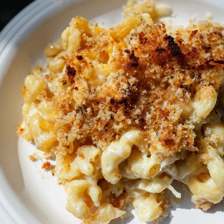 This photo features warm, comforting baked macaroni and cheese, boasting a crispy, golden top layer.