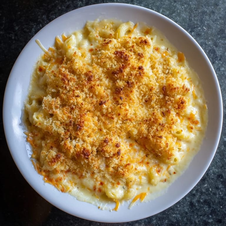 A close-up of baked macaroni and cheese: tender pasta smothered in rich cheese, ready to be enjoyed.