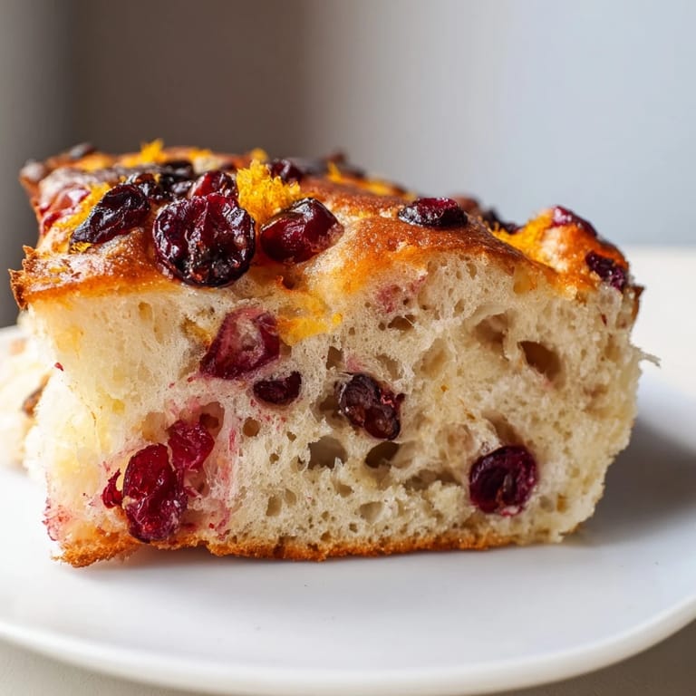 Delicious, crusty Cranberry Orange No-Knead Focaccia showing a close-up of the dimpled, bubbly top.