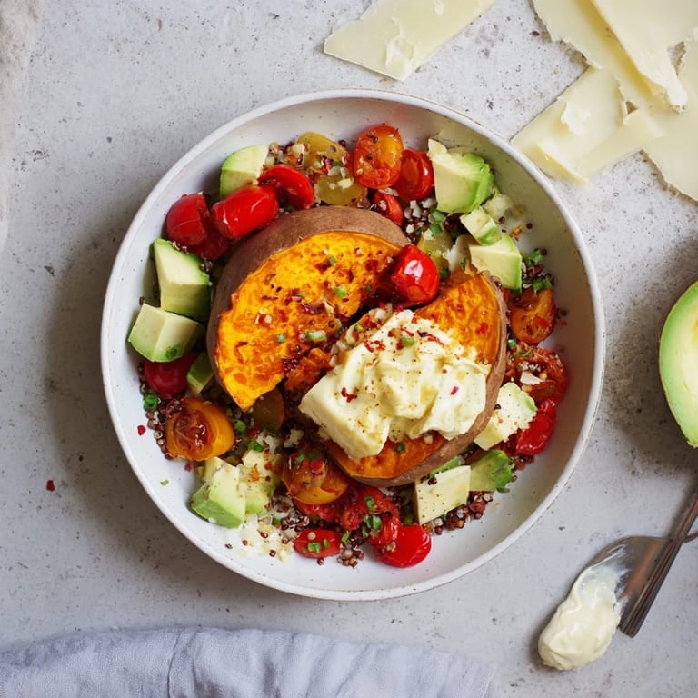 Golden-baked Loaded Baked Sweet Potatoes, generously topped with cheese, herbs, and fresh tomatoes.