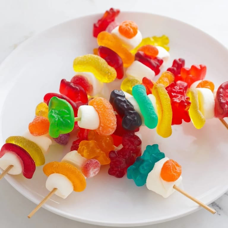 Homemade Gummy Candy Kabobs, bursting with assorted gummies, are ready to be enjoyed.
