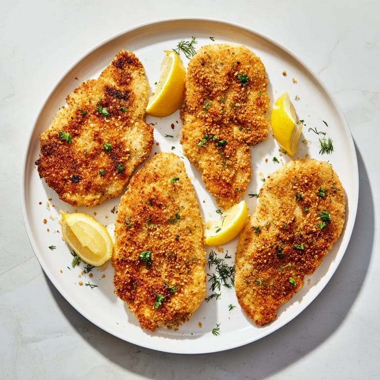 Crispy pickle-brined chicken cutlets show off a flavorful, crunchy breadcrumb coating after frying.