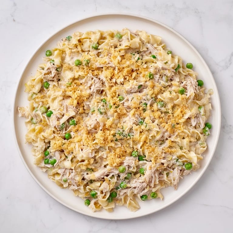 Close-up of a warm, cheesy Creamy Tuna Noodle Casserole with visible peas and tender noodles.