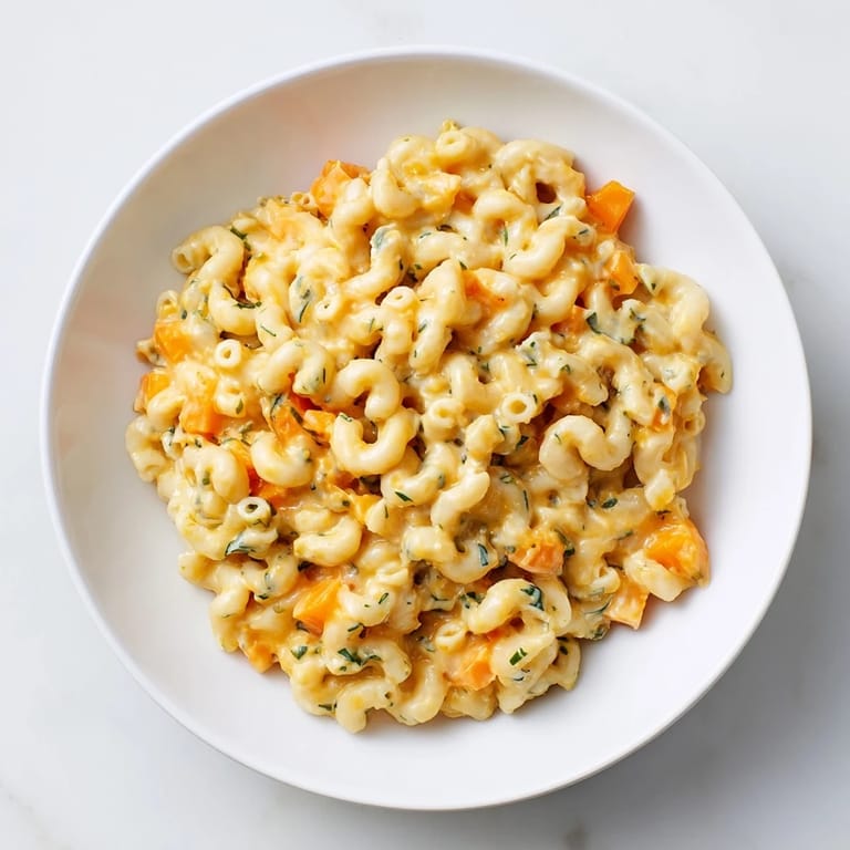 Golden One-Pot Butternut Squash Mac & Cheese: a close-up shows the cheesy, perfectly cooked pasta.