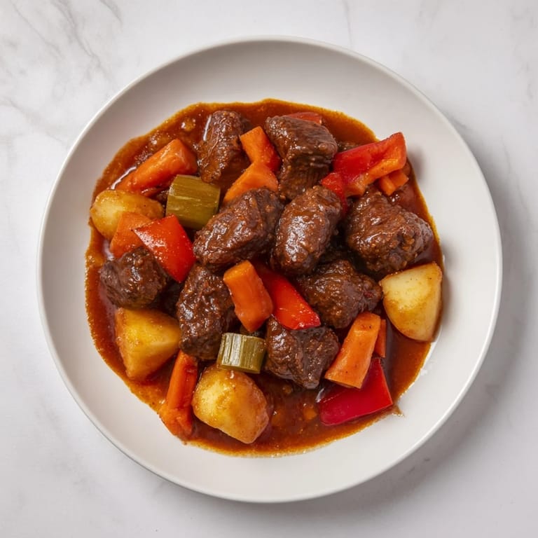 Close-up of a bubbling pot of Smoked Paprika & Garlic Beef Stew, perfect for a cold evening meal.