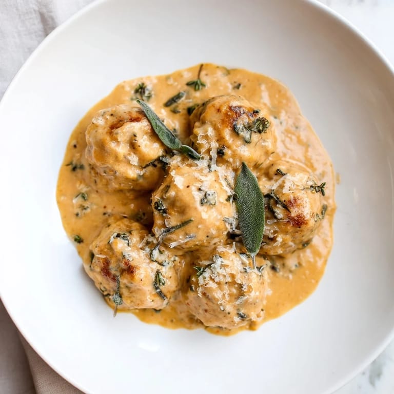 A comforting autumn meal: tender turkey meatballs smothered in creamy pumpkin sage sauce, delicious.