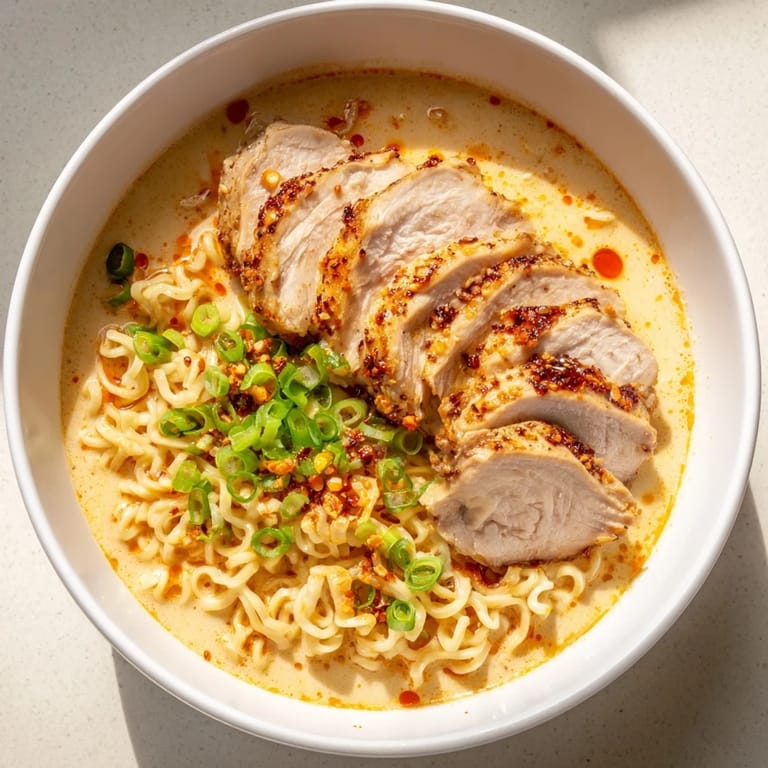 Fragrant, creamy garlic broth coats the tender chicken and ramen noodles in this fiery chicken ramen dish.