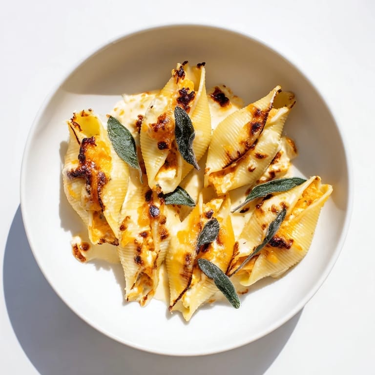 Creamy, savory Pumpkin & Gouda Stuffed Shells, served hot, brimming with pumpkin and cheese filling.