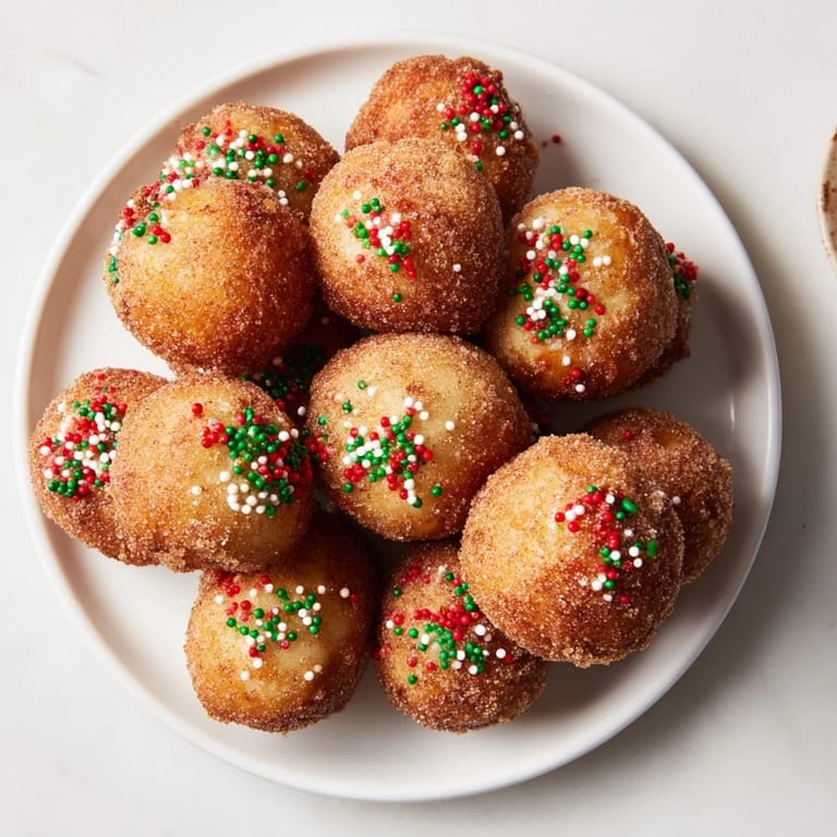 Warm air fryer Christmas donut holes, small and fluffy, are perfect for festive snacking.
