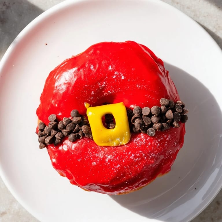 Enjoy these festive Santa Belly Donuts, featuring soft, golden fried dough and rich red icing goodness.