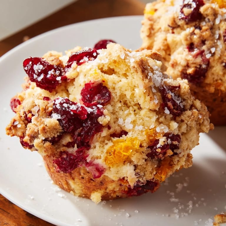 Close-up of fluffy Quick Festive Cranberry Orange Muffins, showcasing tart cranberries and zesty orange for a bright burst.