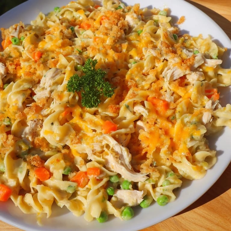 A close-up of a steaming Baked Cream of Chicken Noodle Soup Pasta, showing tender noodles and chicken.
