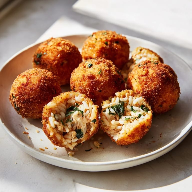 Close-up of crispy, fried Creamy Chicken & Rice Arancini Balls showcasing a creamy interior.