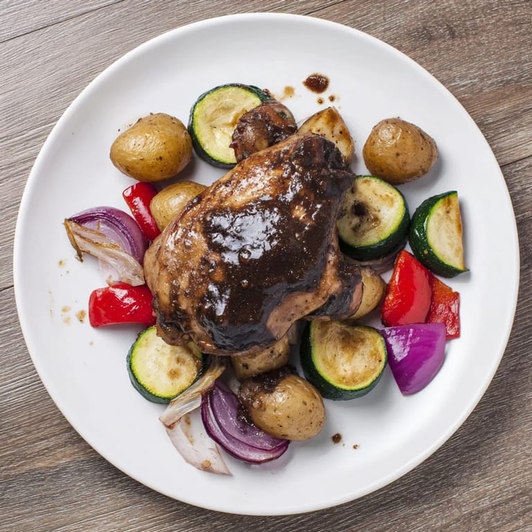 Sizzling Black Garlic and Balsamic Chicken sheet pan meal alongside tender roasted vegetables, perfect for gluten-free diets.