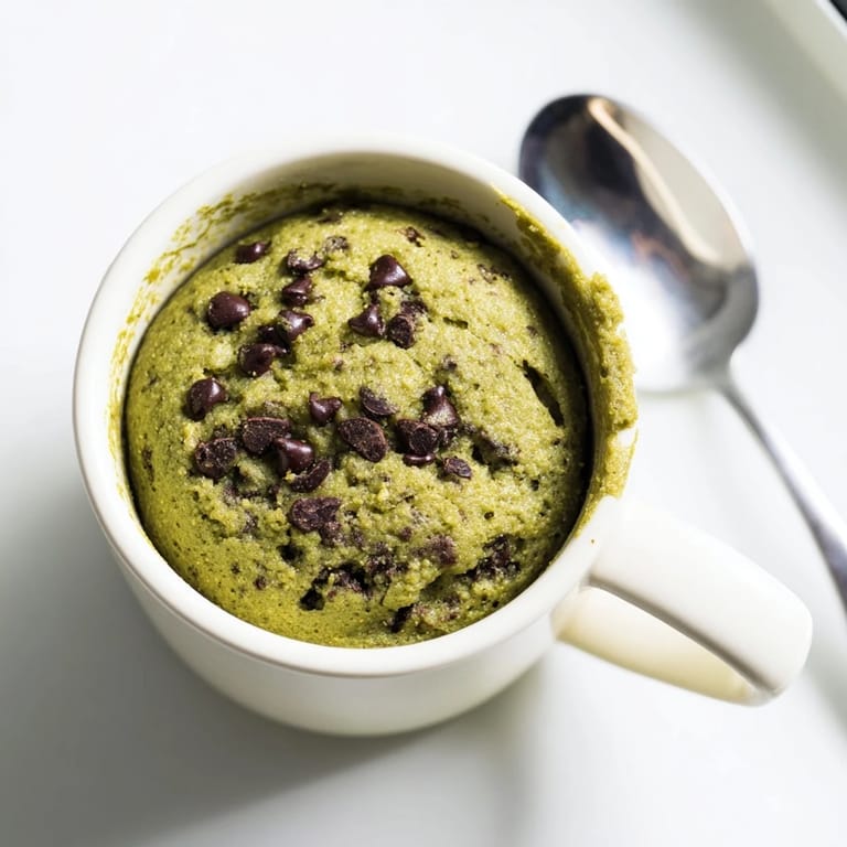 Steaming Matcha Peppermint Brownie Batter Mug Cake with an aroma of peppermint, perfect for a cozy treat.