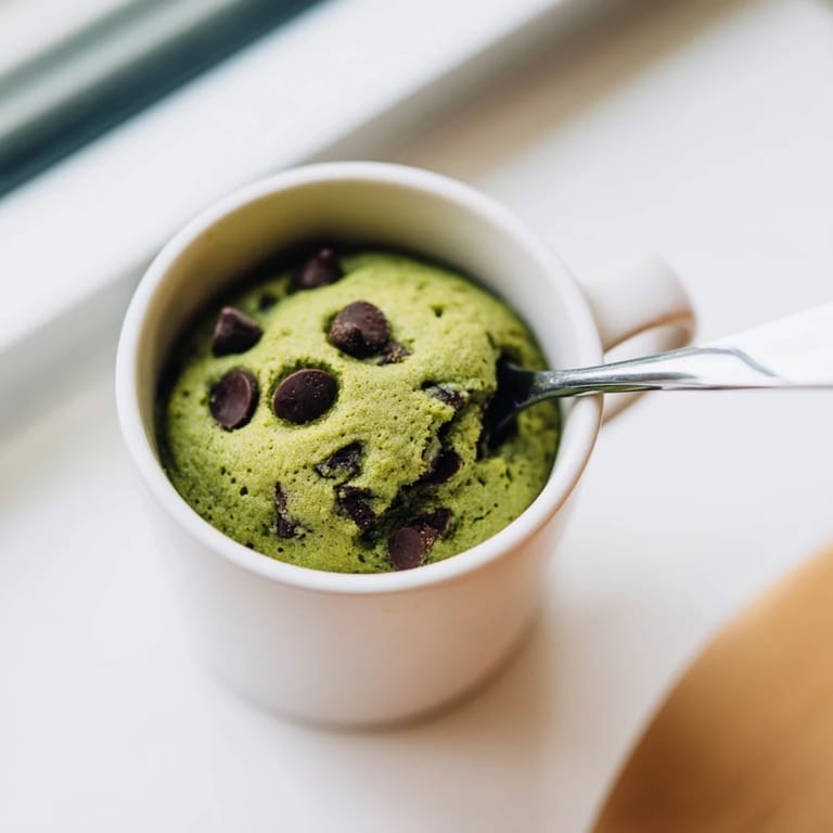 Fudgy Matcha Peppermint Brownie Batter Mug Cake, perfect single-serve dessert, ready in a microwave-safe mug.