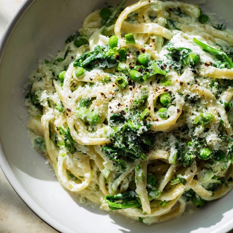 A warm bowl of Creamy Greek Yogurt Spinach Alfredo Pasta, a healthier comfort food favorite beautifully plated.