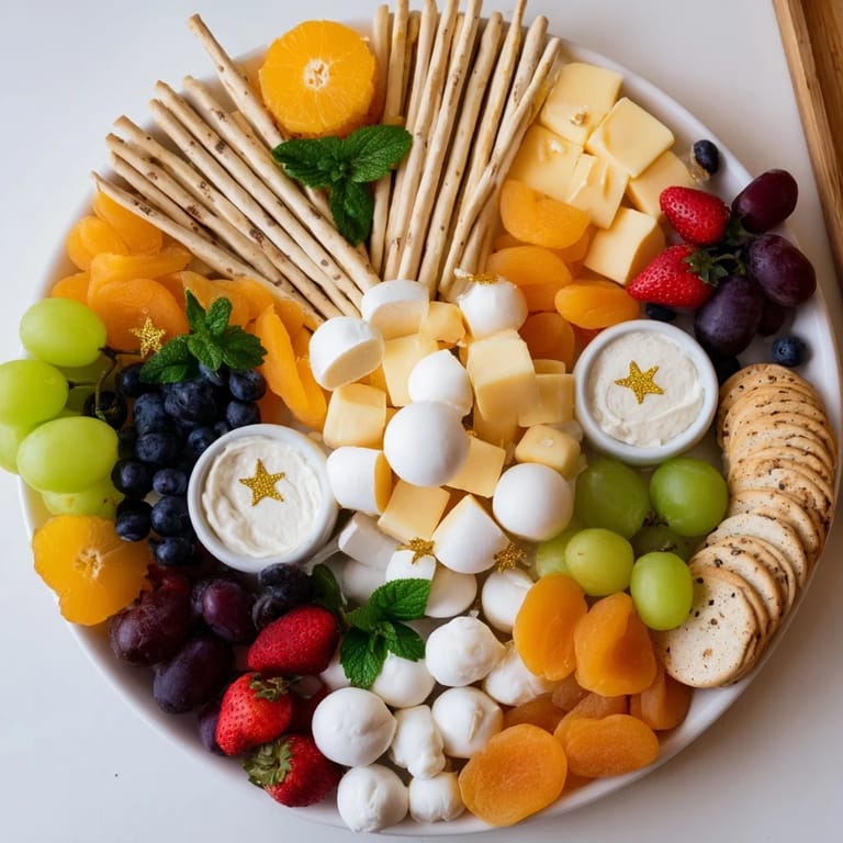 Delicious Comet & Planet Grazing Tray: Experience this party platter of cheeses, fruits, and crackers visually.