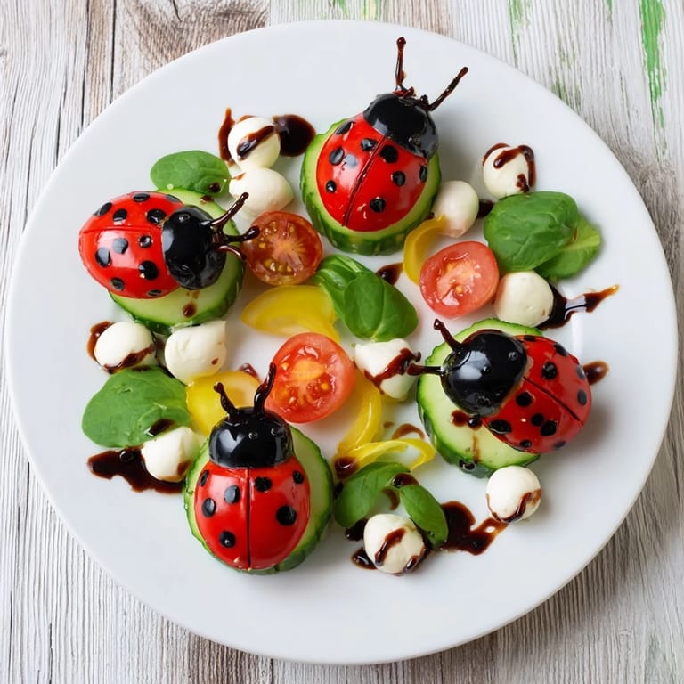 Colorful Ladybug Garden Platter: a creative appetizer, featuring cute veggie ladybugs with mozzarella.