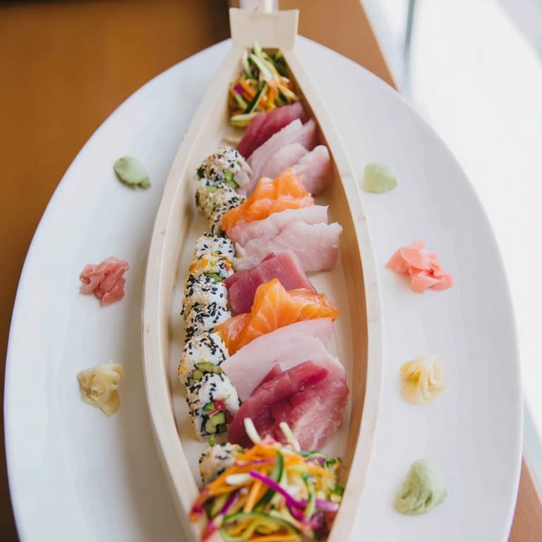 A beautifully arranged Sail Away Boat-Shaped Sushi Platter: savory seafood and rice creating a visual feast for this Japanese appetizer.