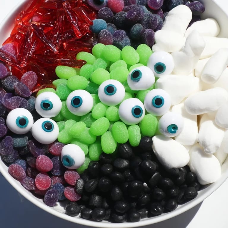 This Poison Apple Candy Platter presents a spooky array of green and purple candies, ready to serve.