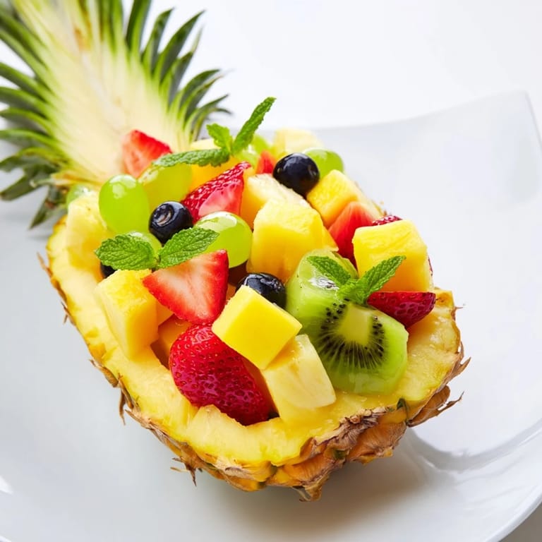Sweet and tangy Tropical Pineapple Fruit Boat: a stunning presentation of summer fruits, garnished with mint.