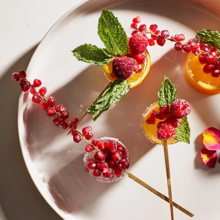 Gorgeous cocktail garnishes, Baisers de Minuit: orange slices, raspberries, and dark chocolate flakes ready to serve.