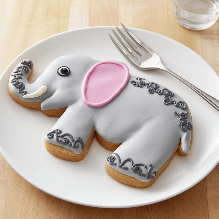 A plate of freshly baked Biscuits Amical Éléphant Géant, with sweet pink and gray icing ready to eat.