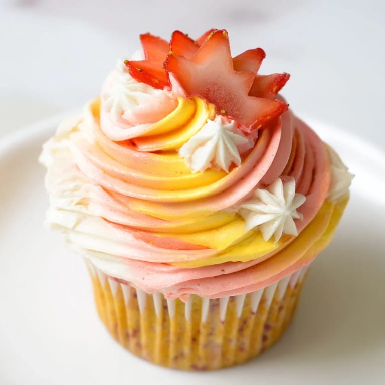 Delectable Mango Strawberry Sunset Cupcakes, with vibrant frosting and fresh fruit garnish.