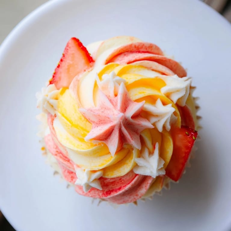 Get ready for these tropical Mango Strawberry Sunset Cupcakes, with a unique sunset buttercream.