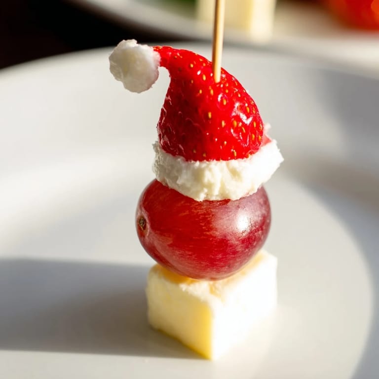 A close-up shot of a Santa Hat Fruit and Cheese Platter, showcasing creamy mozzarella and plump grapes.