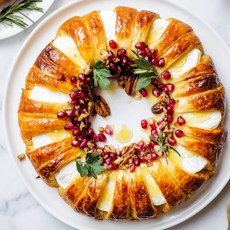 Golden-baked Pomegranate and Brie Wreath, warm and inviting; perfect for entertaining guests with this appetizer.