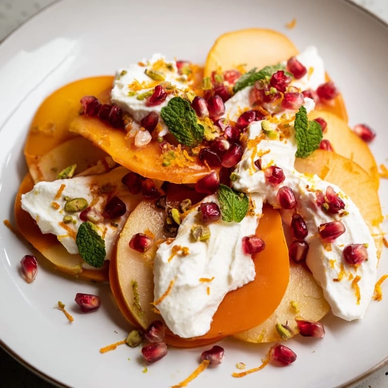 This refreshing Winter Fruit Snowscape dessert features sweet persimmons and pears with bright pomegranate seeds.