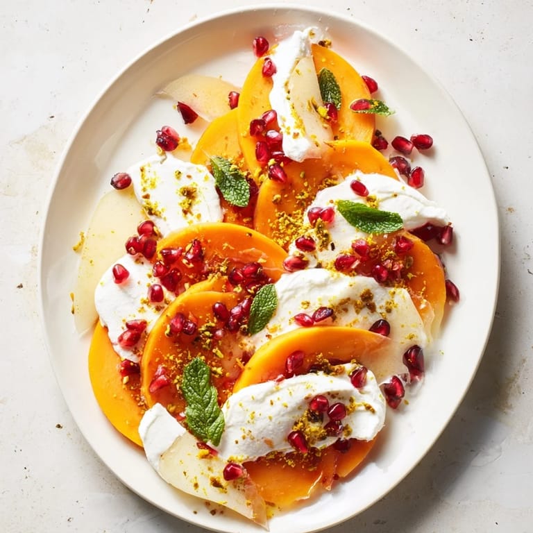 Creamy mascarpone blankets sliced persimmons and pears in this elegant Winter Fruit Snowscape recipe with pistachios.