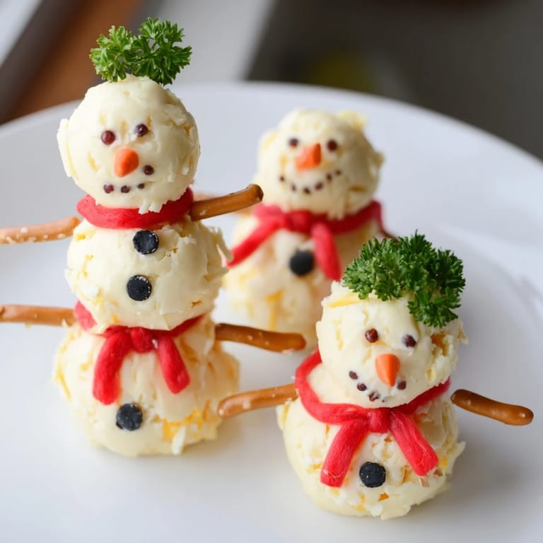 Sensory details abound in this image of the colorful Snowman Cheese Ball Trio appetizer ready to be enjoyed.