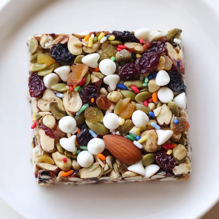Close-up of a delicious Winter Wonderland Trail Mix Bar, brimming with textures and holiday flavors.