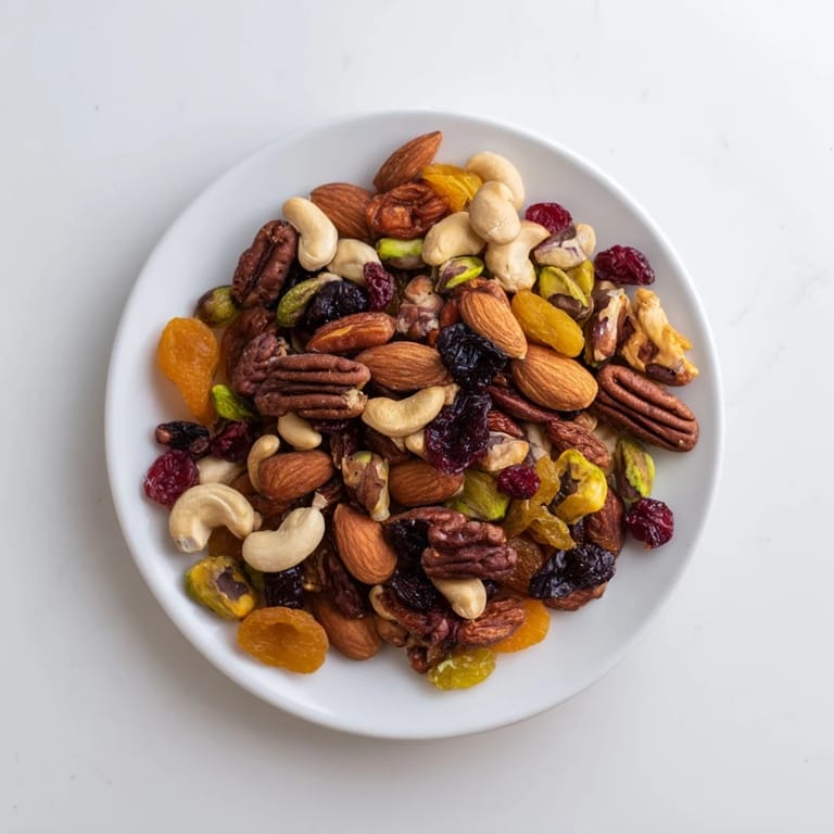 This beautiful photo shows a tempting array of Easy Party Assorted Nuts and Dried Fruit ready to serve.